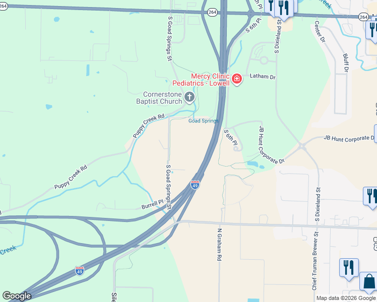 map of restaurants, bars, coffee shops, grocery stores, and more near 623 South Goad Springs Street in Lowell