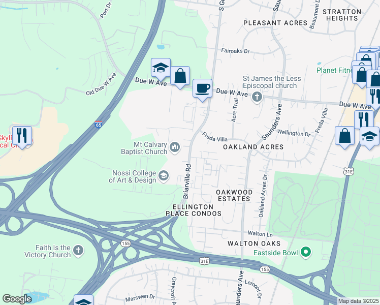map of restaurants, bars, coffee shops, grocery stores, and more near Briarville Road in Nashville