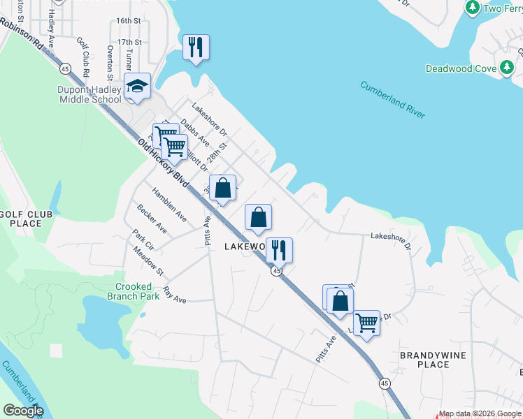 map of restaurants, bars, coffee shops, grocery stores, and more near 3319 Old Hickory Boulevard in Nashville