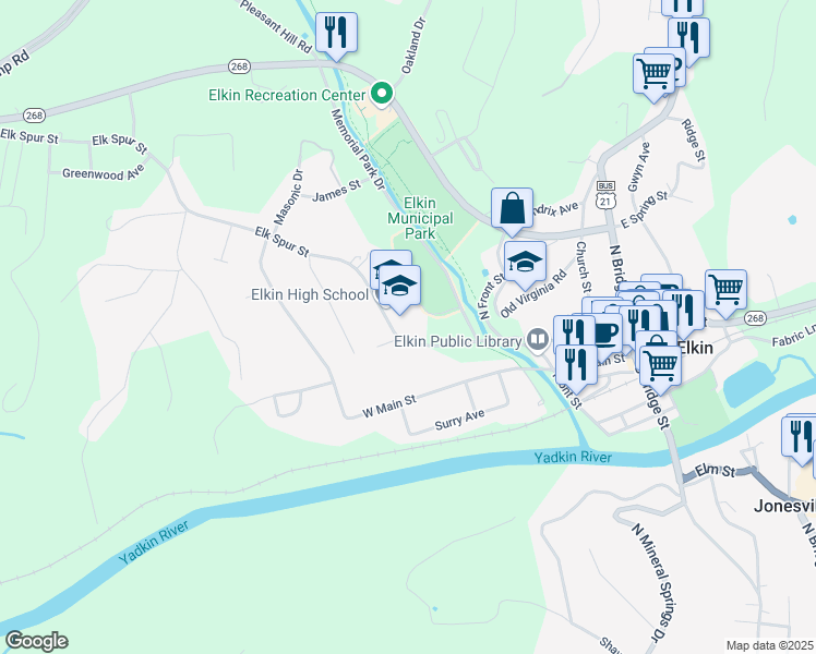 map of restaurants, bars, coffee shops, grocery stores, and more near 300 Elk Spur Street in Elkin