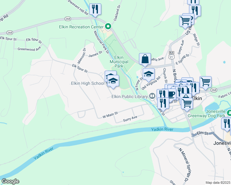 map of restaurants, bars, coffee shops, grocery stores, and more near 300 Elk Spur Street in Elkin