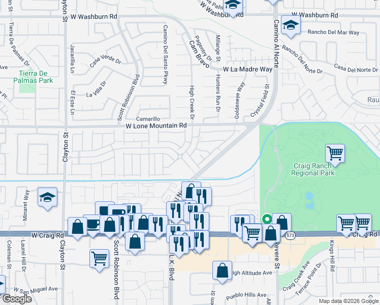 map of restaurants, bars, coffee shops, grocery stores, and more near 4710 Tree Swing Street in North Las Vegas