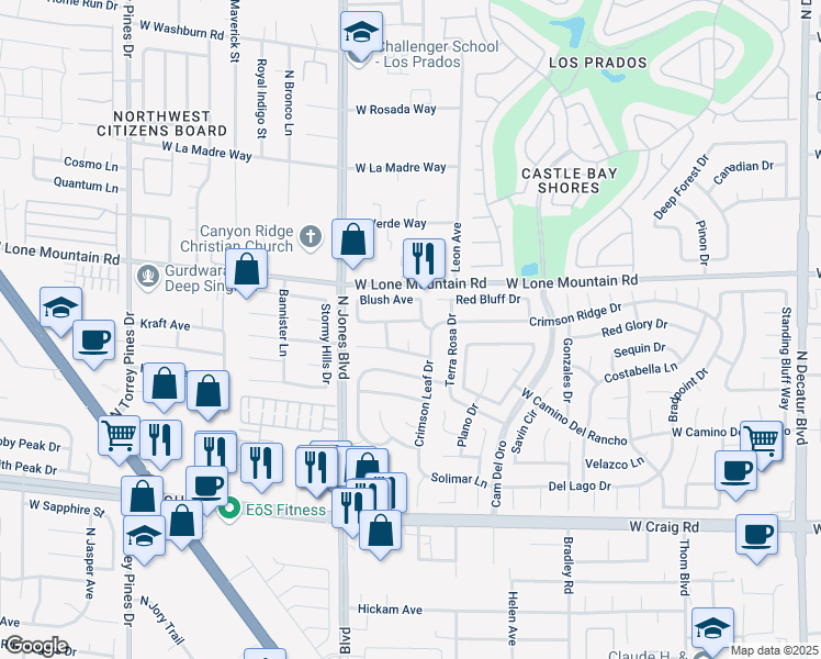 map of restaurants, bars, coffee shops, grocery stores, and more near 5805 Briar Rose Lane in Las Vegas