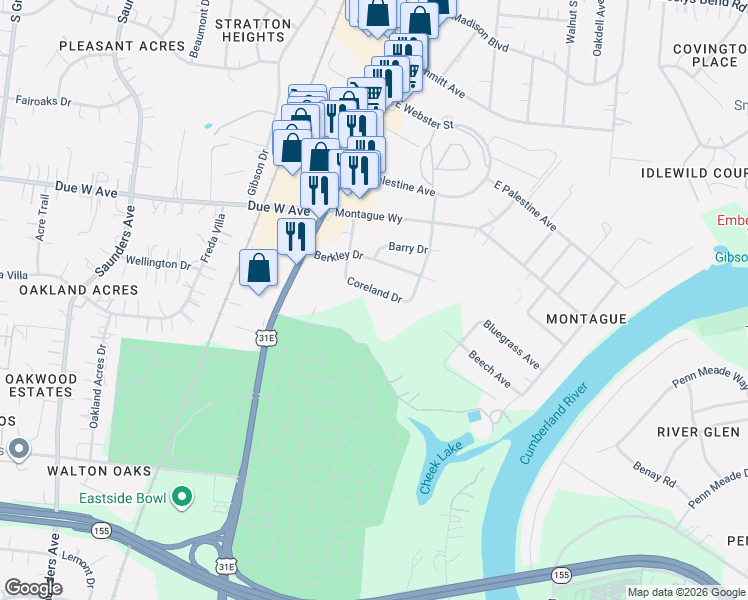 map of restaurants, bars, coffee shops, grocery stores, and more near 1320 Coreland Drive in Nashville