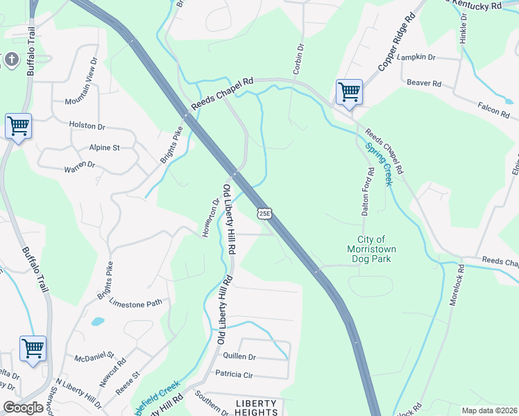 map of restaurants, bars, coffee shops, grocery stores, and more near North Davy Crockett Parkway in Morristown