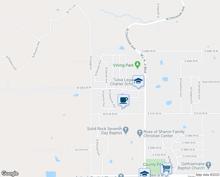 map of restaurants, bars, coffee shops, grocery stores, and more near West 63rd Street North in Tulsa