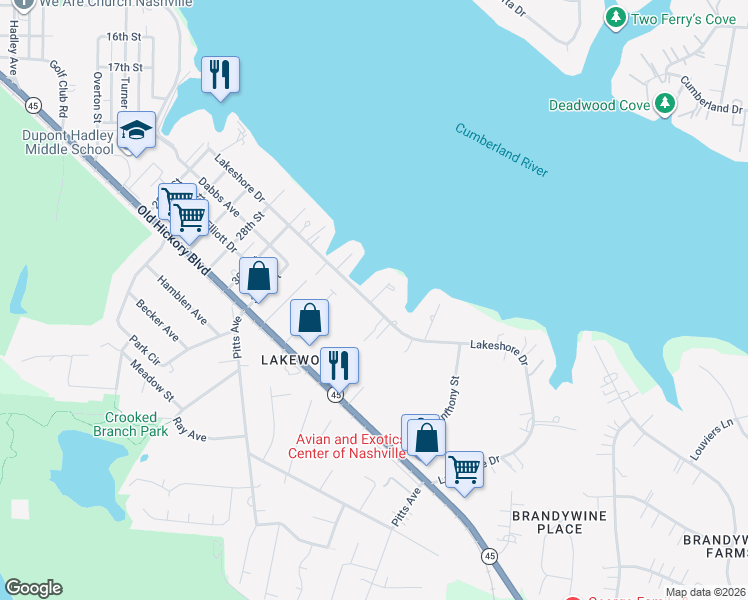 map of restaurants, bars, coffee shops, grocery stores, and more near 620 Lake Meade Point in Nashville