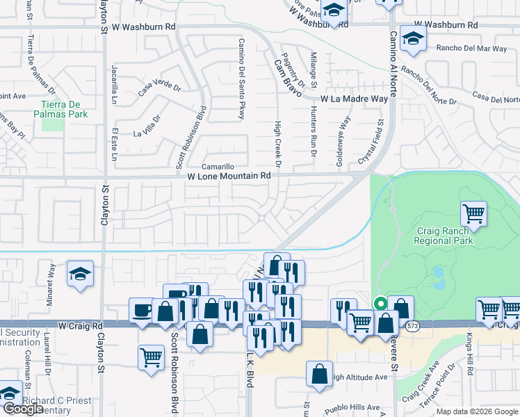 map of restaurants, bars, coffee shops, grocery stores, and more near 4706 Tree Swing Street in North Las Vegas