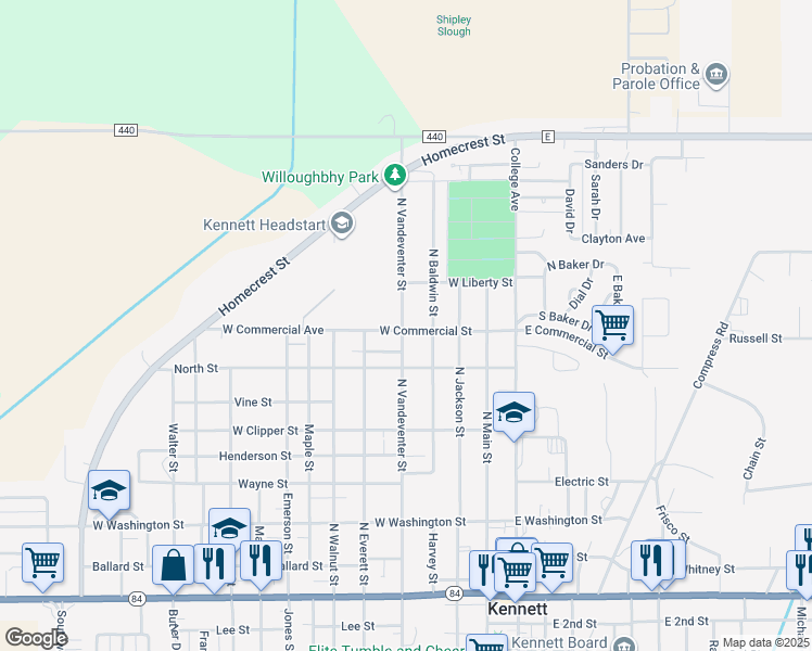 map of restaurants, bars, coffee shops, grocery stores, and more near 324 West Commercial Street in Kennett