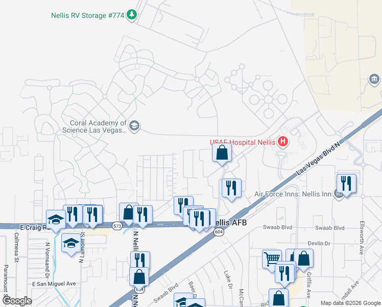 map of restaurants, bars, coffee shops, grocery stores, and more near 5100 Stafford Drive in Nellis Air Force Base