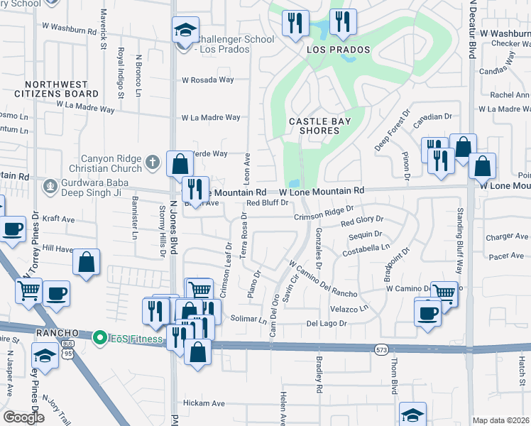 map of restaurants, bars, coffee shops, grocery stores, and more near 5608 Crimson Ridge Drive in Las Vegas