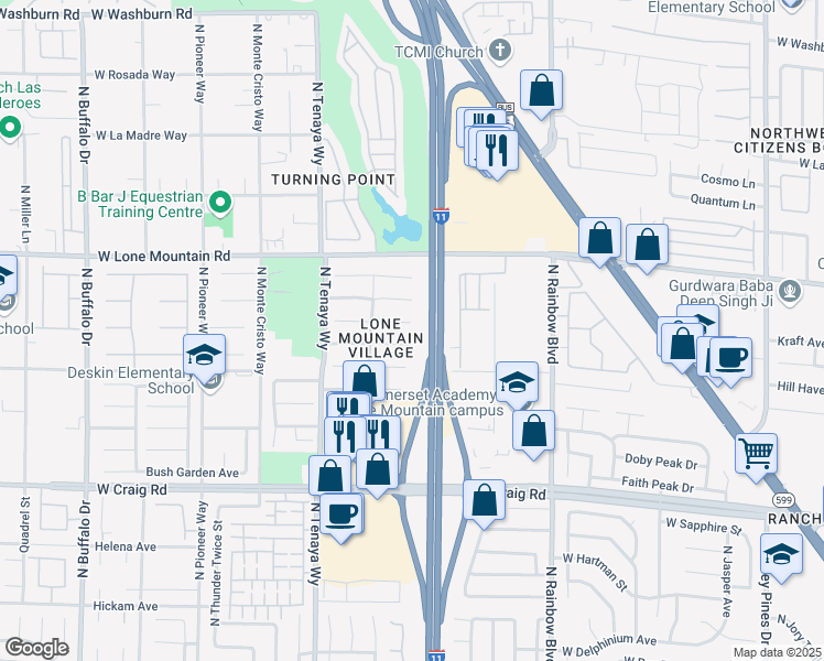 map of restaurants, bars, coffee shops, grocery stores, and more near 7001 Village Shore Court in Las Vegas