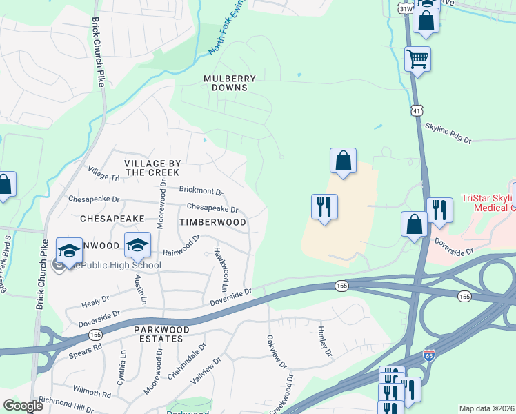 map of restaurants, bars, coffee shops, grocery stores, and more near 3340 Valley Creek Lane in Nashville