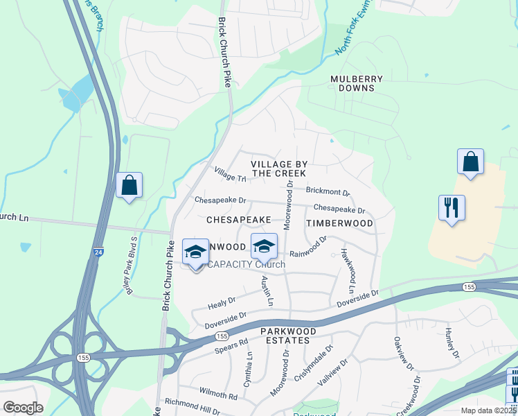 map of restaurants, bars, coffee shops, grocery stores, and more near 3557 Chesapeake Drive in Nashville