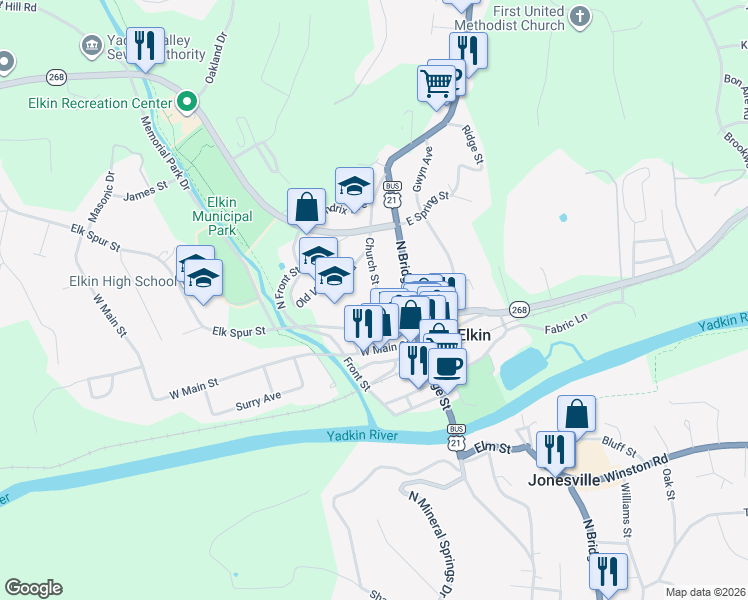 map of restaurants, bars, coffee shops, grocery stores, and more near 247 Church Street in Elkin