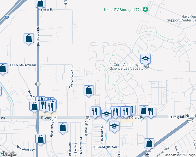 map of restaurants, bars, coffee shops, grocery stores, and more near 4730 East Craig Road in Las Vegas