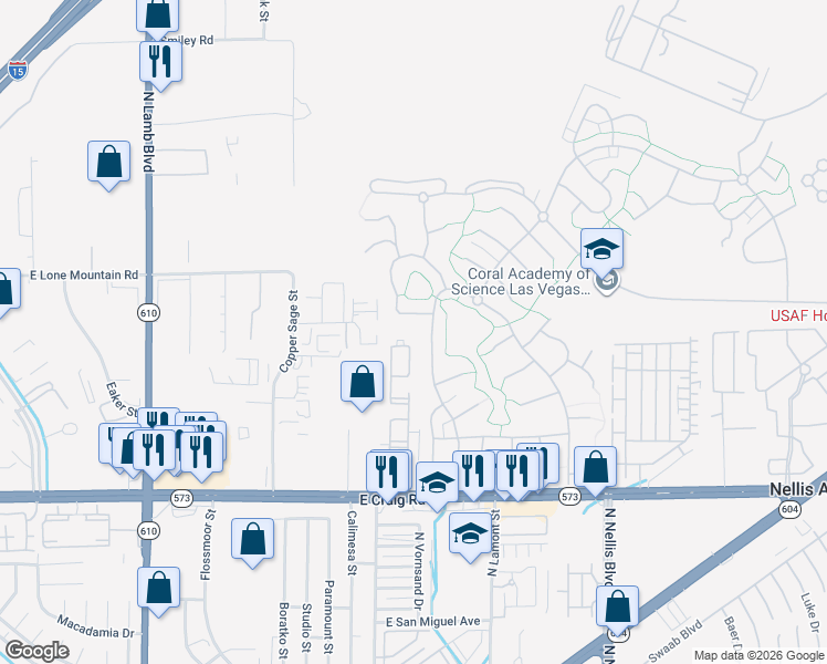 map of restaurants, bars, coffee shops, grocery stores, and more near 4730 East Craig Road in Las Vegas