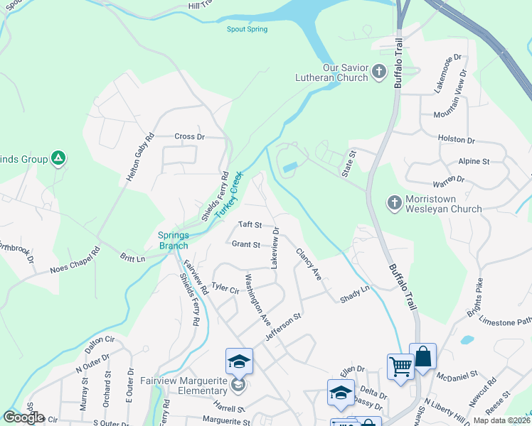 map of restaurants, bars, coffee shops, grocery stores, and more near 2540 Lakeview Drive in Morristown