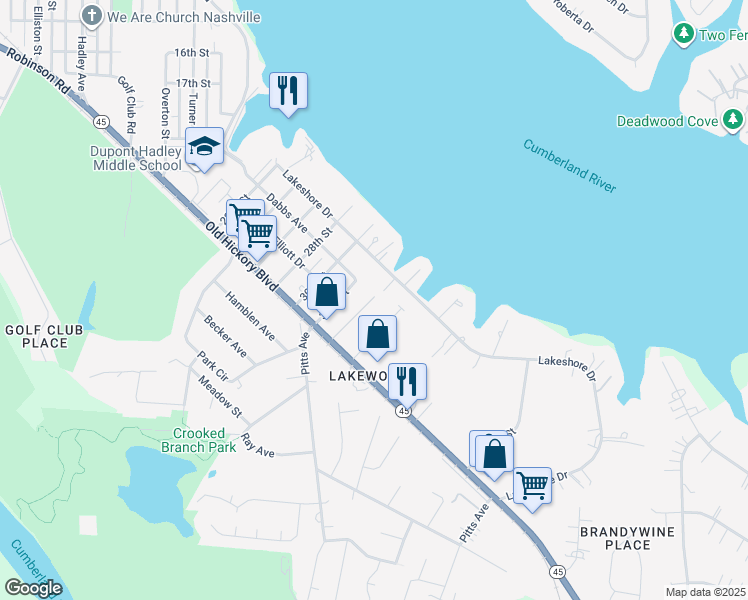 map of restaurants, bars, coffee shops, grocery stores, and more near 117 Tom Hartley Drive in Nashville