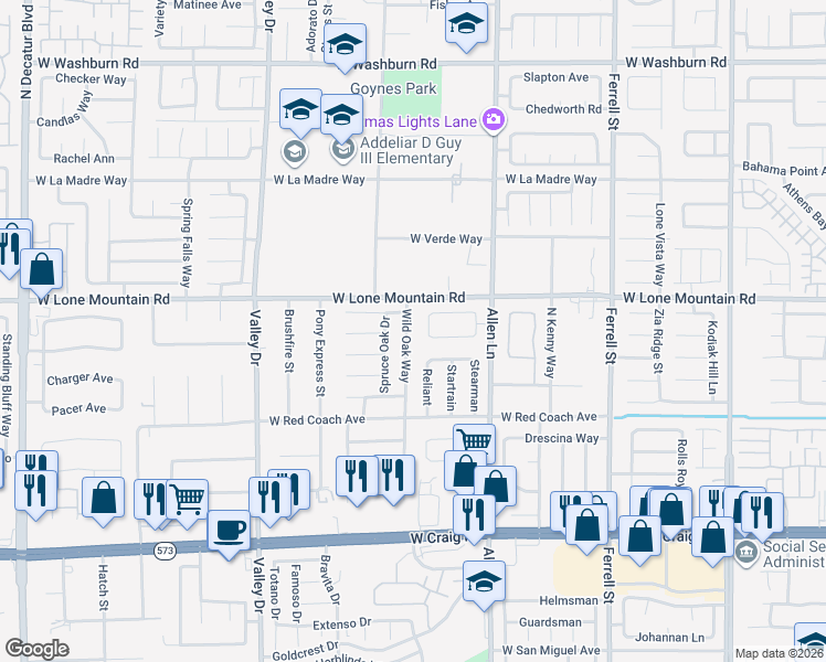 map of restaurants, bars, coffee shops, grocery stores, and more near 4712 Wild Oak Way in North Las Vegas