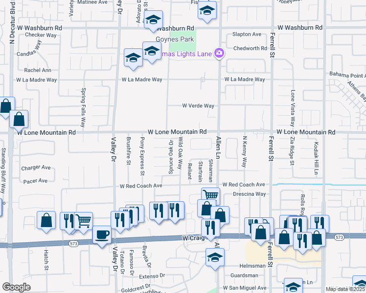 map of restaurants, bars, coffee shops, grocery stores, and more near 4712 Wild Oak Way in North Las Vegas