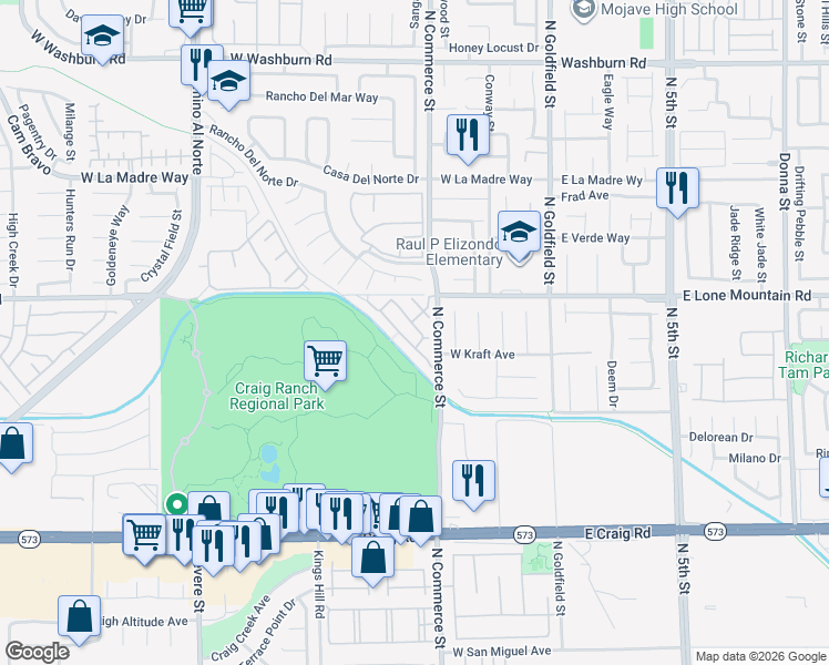 map of restaurants, bars, coffee shops, grocery stores, and more near 4752 Big Draw Drive in North Las Vegas