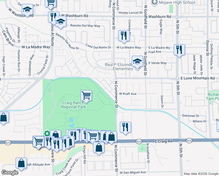 map of restaurants, bars, coffee shops, grocery stores, and more near 4752 Big Draw Drive in North Las Vegas
