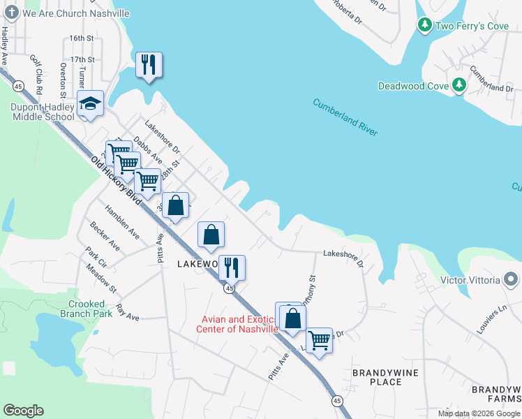 map of restaurants, bars, coffee shops, grocery stores, and more near 613 Lake Meade Point in Nashville