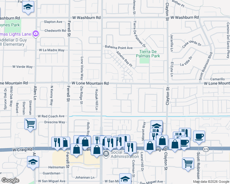 map of restaurants, bars, coffee shops, grocery stores, and more near 2704 Wild Breeze Court in North Las Vegas