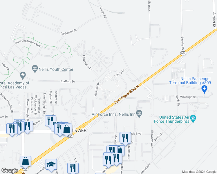 map of restaurants, bars, coffee shops, grocery stores, and more near 4700 North Las Vegas Boulevard in Nellis Air Force Base