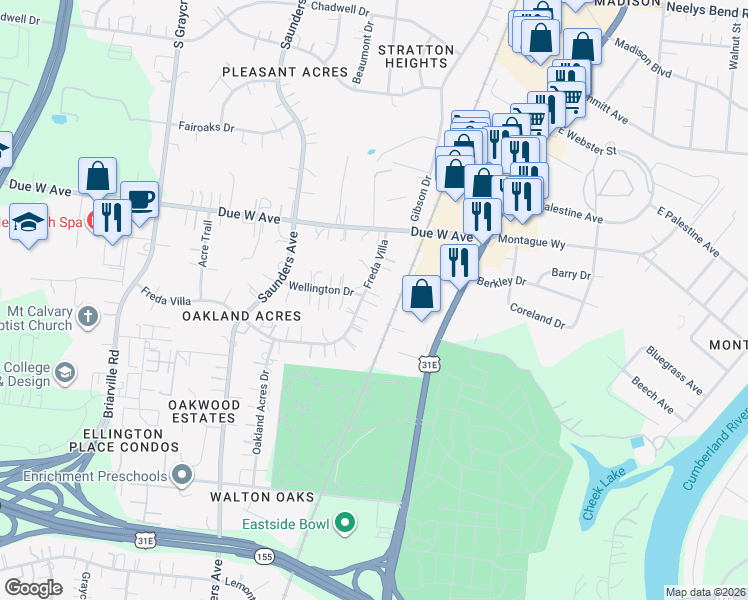 map of restaurants, bars, coffee shops, grocery stores, and more near 225 Freda Villa in Nashville
