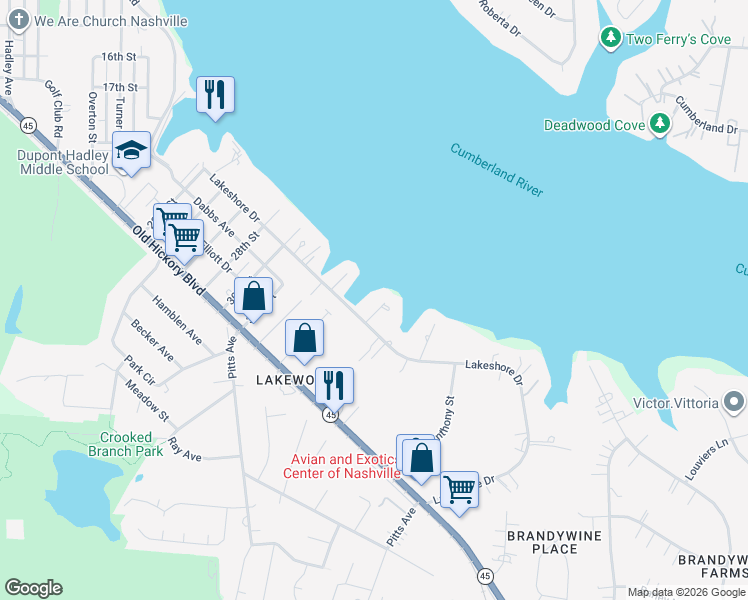 map of restaurants, bars, coffee shops, grocery stores, and more near 613 Lake Meade Point in Nashville