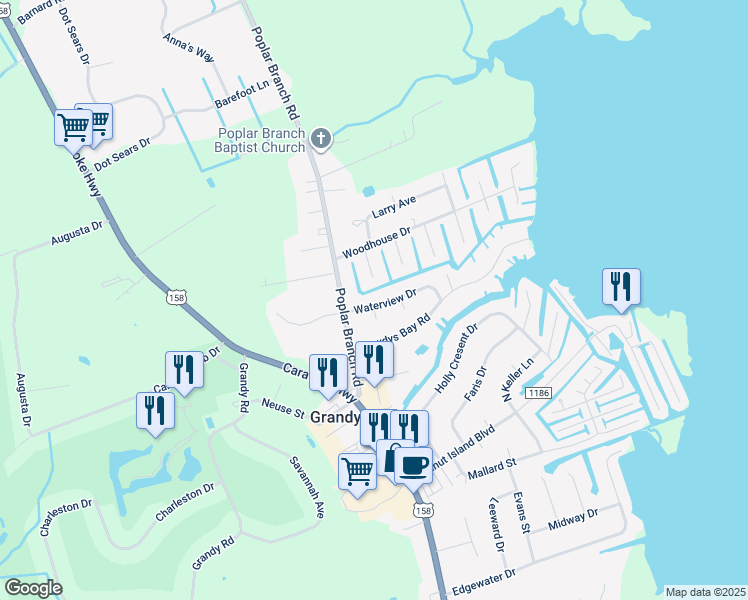 map of restaurants, bars, coffee shops, grocery stores, and more near 124 Waterview Drive in Grandy