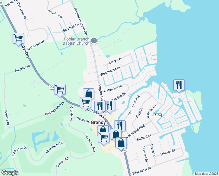 map of restaurants, bars, coffee shops, grocery stores, and more near 124 Waterview Drive in Grandy