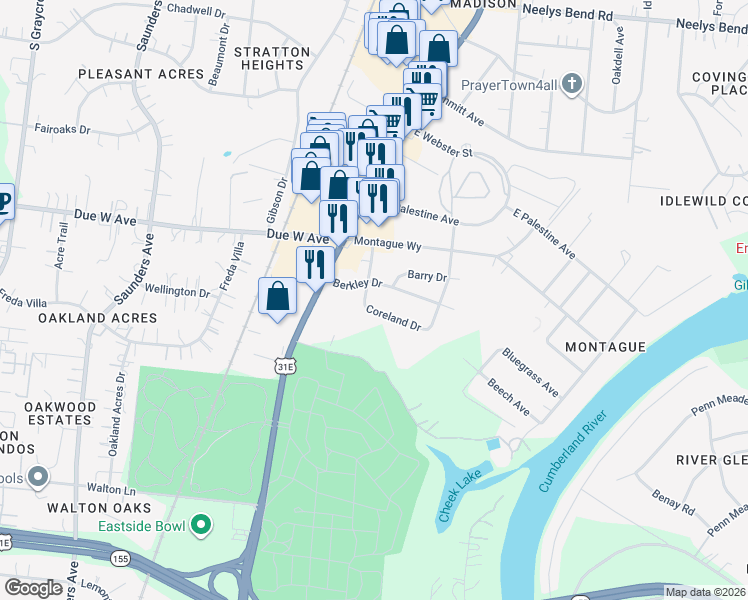 map of restaurants, bars, coffee shops, grocery stores, and more near 1305 Coreland Drive in Nashville