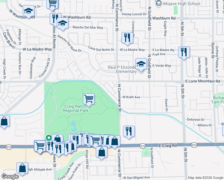 map of restaurants, bars, coffee shops, grocery stores, and more near 4755 Big Draw Drive in North Las Vegas