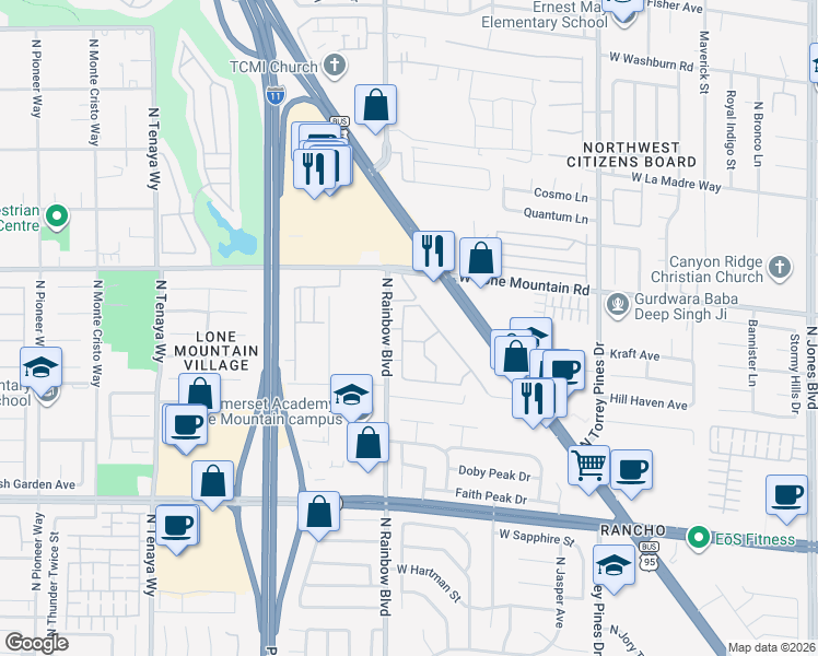 map of restaurants, bars, coffee shops, grocery stores, and more near 1219 North Rainbow Boulevard in Las Vegas