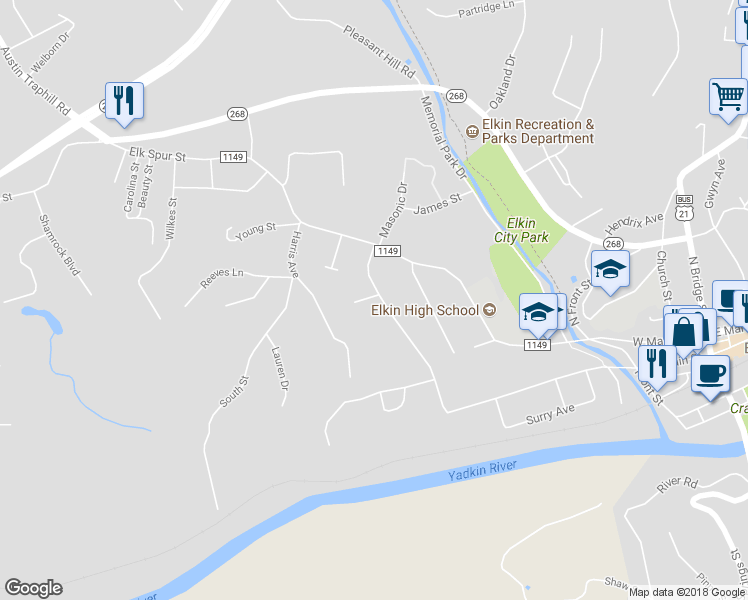 map of restaurants, bars, coffee shops, grocery stores, and more near 103 Texas Street in Elkin