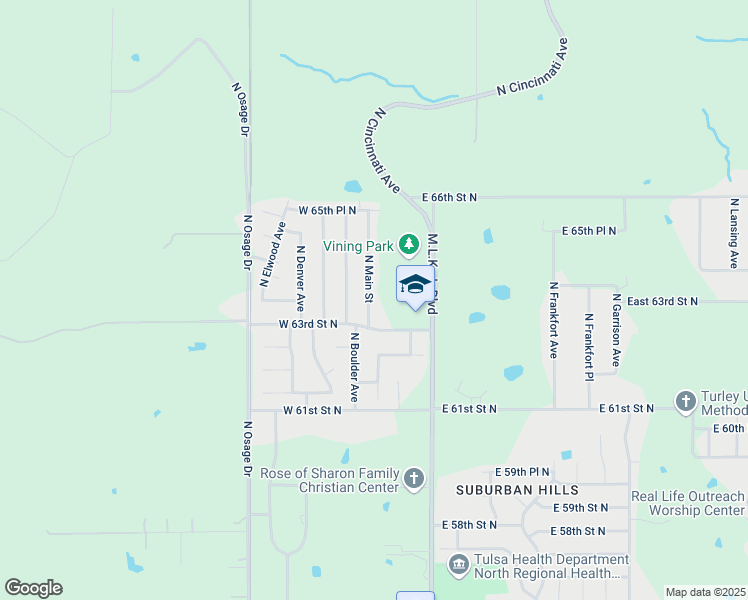 map of restaurants, bars, coffee shops, grocery stores, and more near 6321 North Main Street in Tulsa