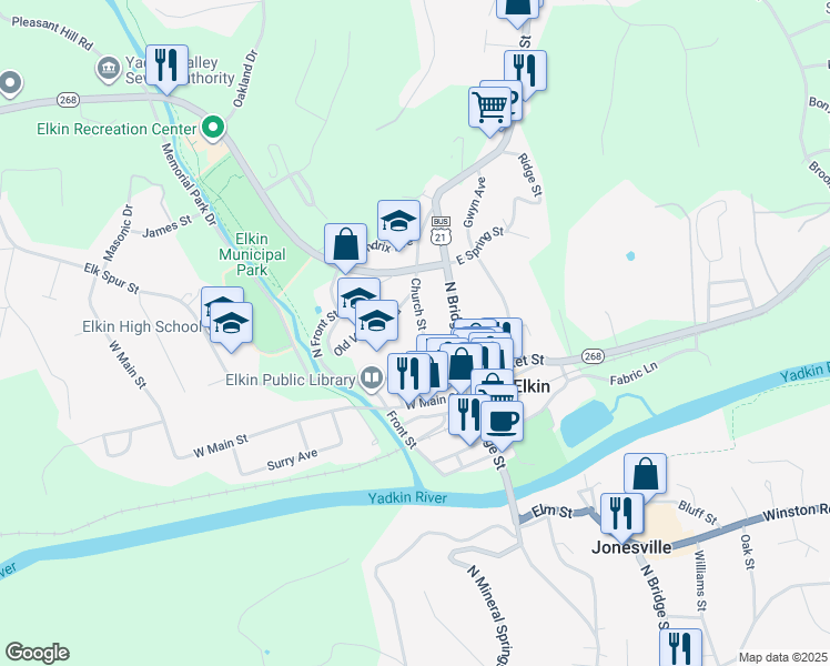 map of restaurants, bars, coffee shops, grocery stores, and more near 247 Church Street in Elkin