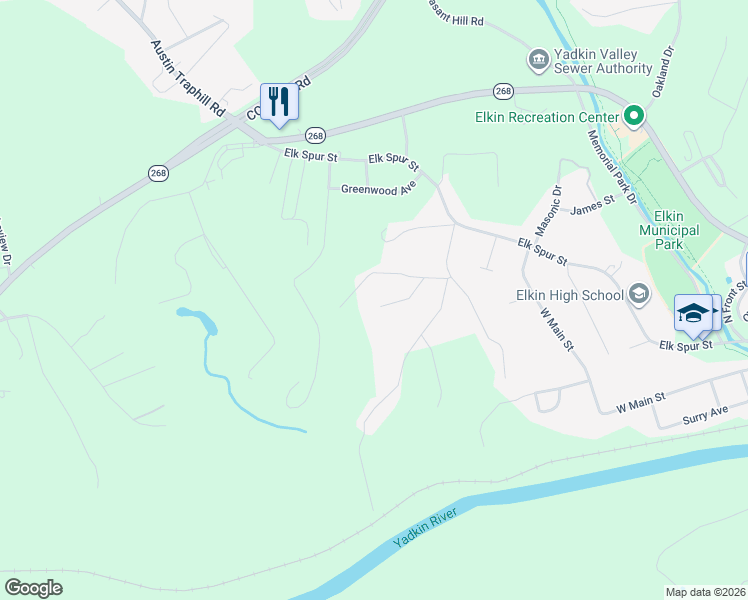 map of restaurants, bars, coffee shops, grocery stores, and more near 160 Newman Road in Elkin