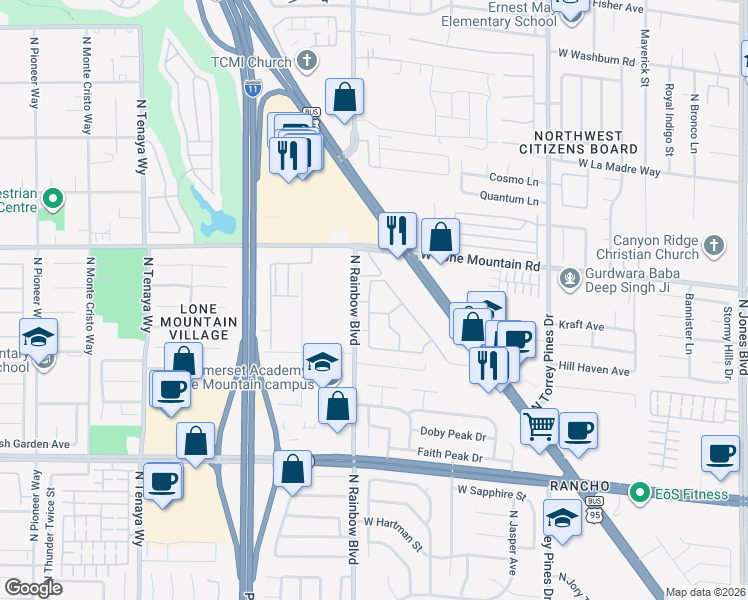 map of restaurants, bars, coffee shops, grocery stores, and more near 1219 North Rainbow Boulevard in Las Vegas