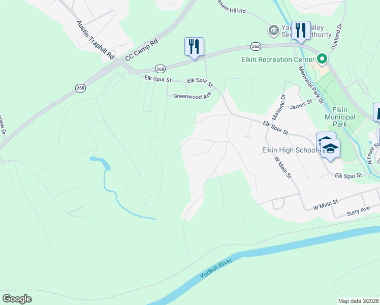 map of restaurants, bars, coffee shops, grocery stores, and more near 160 Newman Road in Elkin