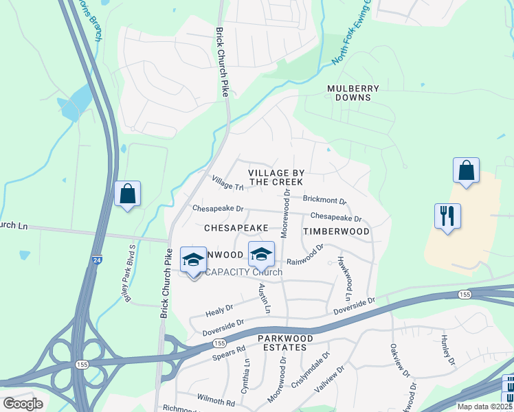 map of restaurants, bars, coffee shops, grocery stores, and more near 3557 Chesapeake Drive in Nashville