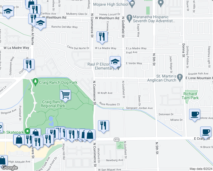 map of restaurants, bars, coffee shops, grocery stores, and more near 4724 Bell Canyon Court in North Las Vegas