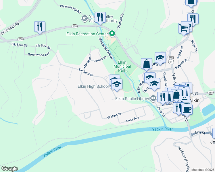 map of restaurants, bars, coffee shops, grocery stores, and more near 351 Elk Spur Street in Elkin