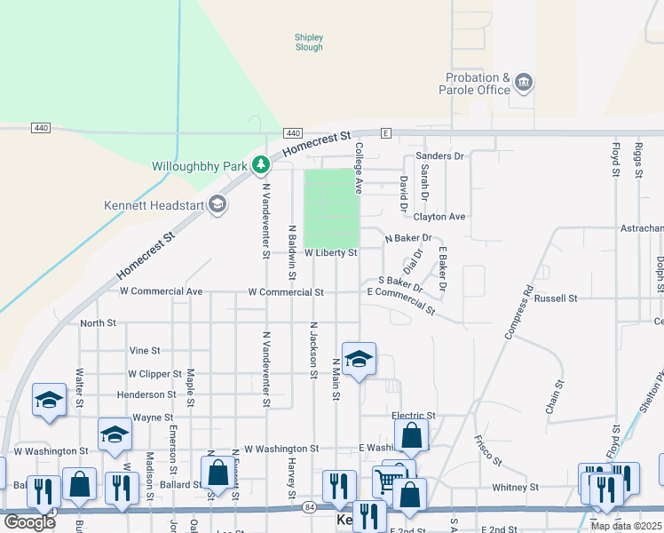 map of restaurants, bars, coffee shops, grocery stores, and more near 913 North Main Street in Kennett