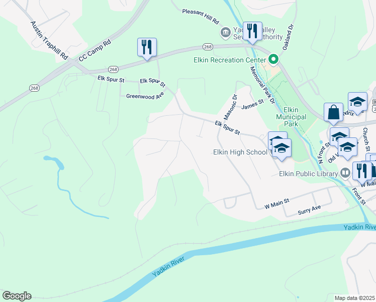 map of restaurants, bars, coffee shops, grocery stores, and more near 182 Harris Avenue in Elkin