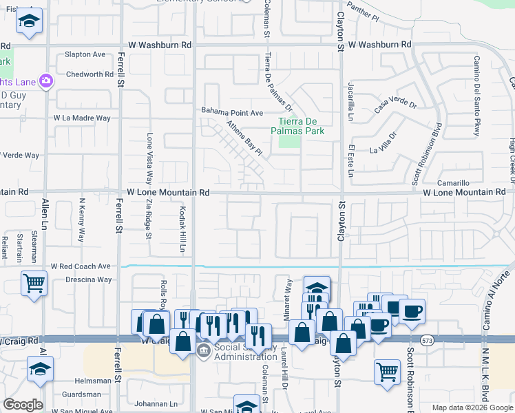 map of restaurants, bars, coffee shops, grocery stores, and more near 2419 Old Town Drive in North Las Vegas