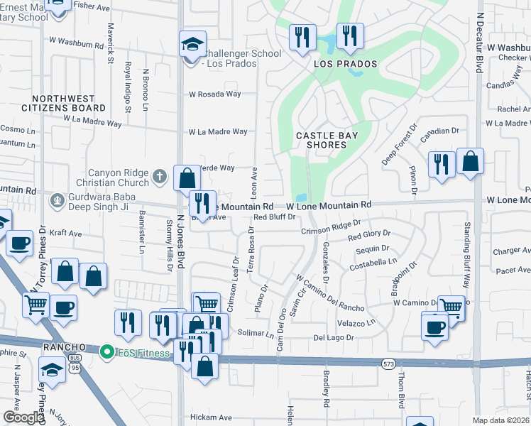 map of restaurants, bars, coffee shops, grocery stores, and more near 5628 Red Bluff Drive in Las Vegas